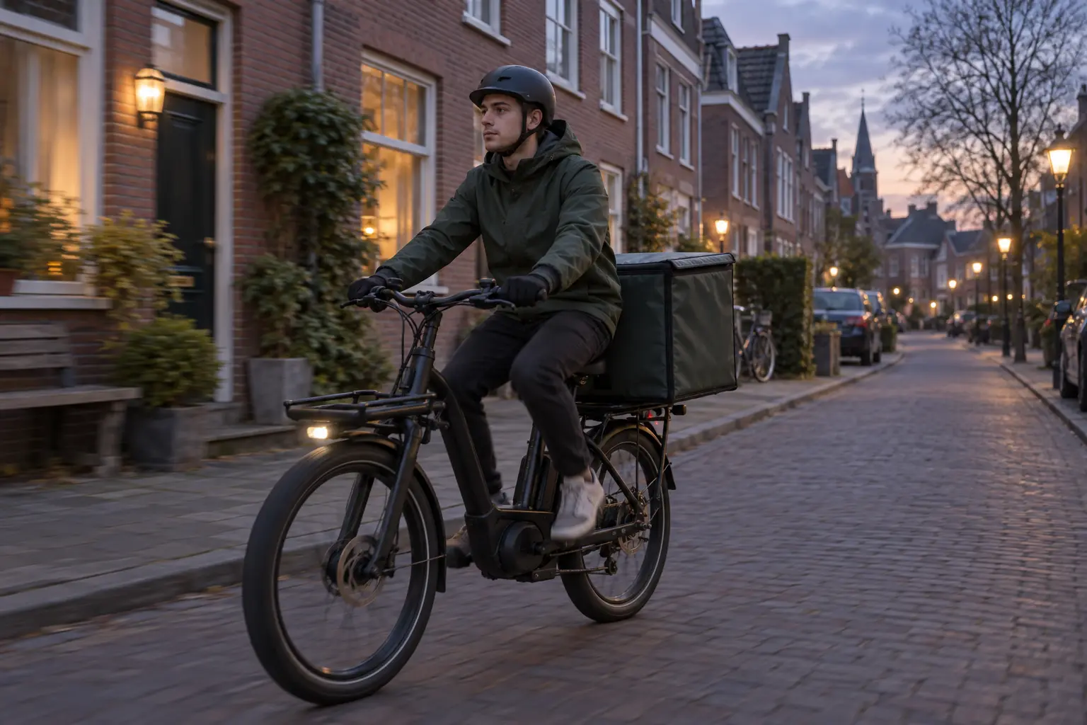 Bezorger op een elektrische bakfiets in een Nederlandse woonstraat