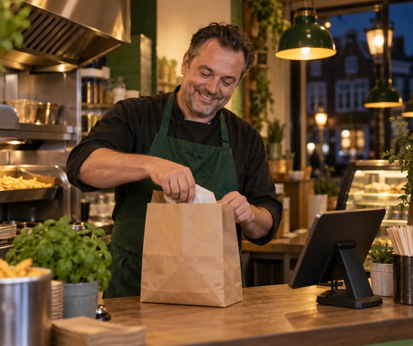 Eigenaar van een afhaalrestaurant pakt een bestelling in achter de toonbank