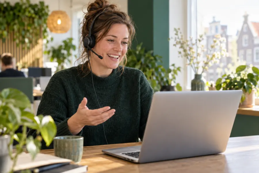 Medewerker van de Hebtrek-klantenservice helpt een ondernemer aan de telefoon