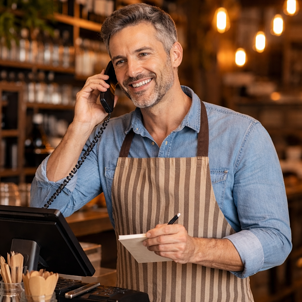Restauranteigenaar neemt telefonische bestelling aan